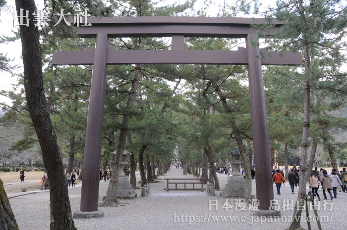 出雲大社勢溜參道的銅鳥居和松林參道