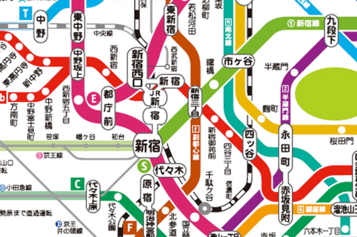 東京地鐵線路圖 新宿車站一帶